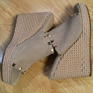 Marc Fisher Beige Wedge Mules with Gold Studs
